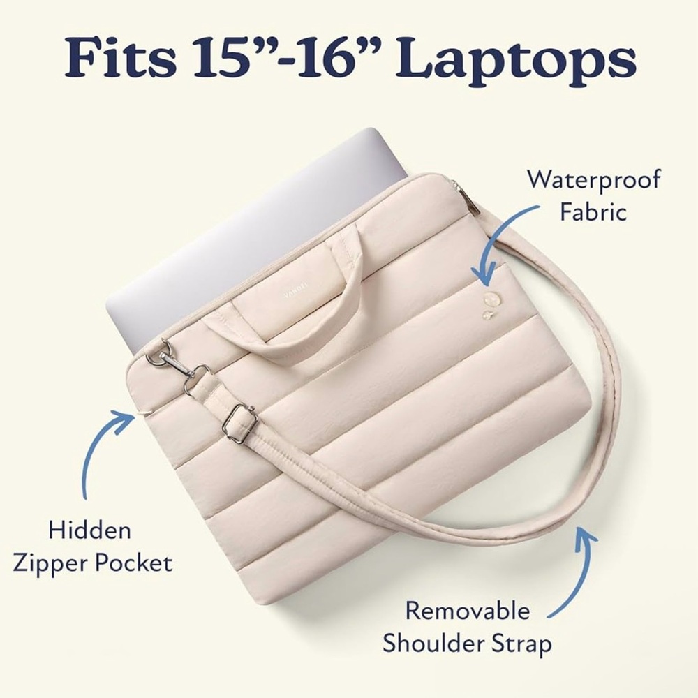 VANDEL Cream Puffy Laptop Bag with Shoulder Strap NEW Puffer Sand Silvertone